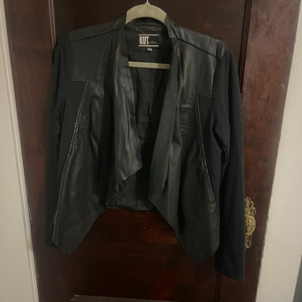Black Faux Leather Drape Collar Jacket - Size M
